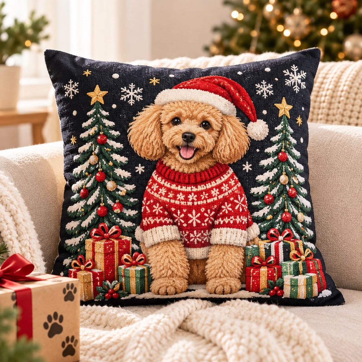 Apricot Toy Poodle Christmas Throw Pillow
